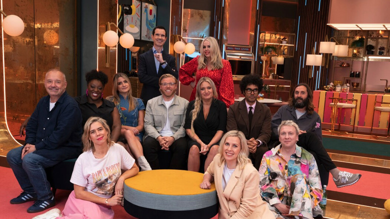 The cast of Last One Laughing UK sitting together