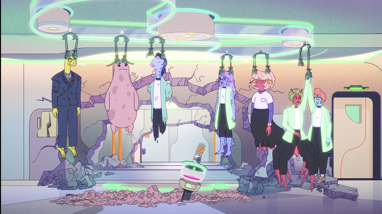 Several patients, Dr. Zypha, Nurse Tup, Dr. Azel, and Dr. Sleech all hang from a medical device with glowing parts