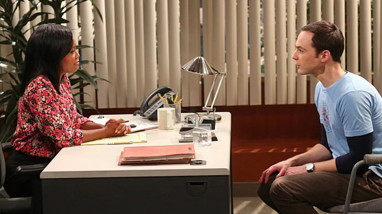 Janine and Sheldon in Janine's office on "The Big Bang Theory"