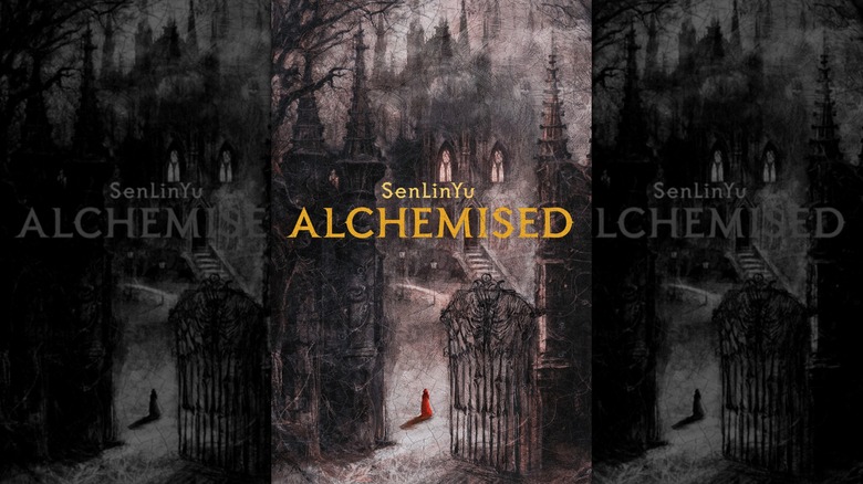 An image of the cover of Alchemised by SenLinYu, depicting a woman in red approaching a large castle.