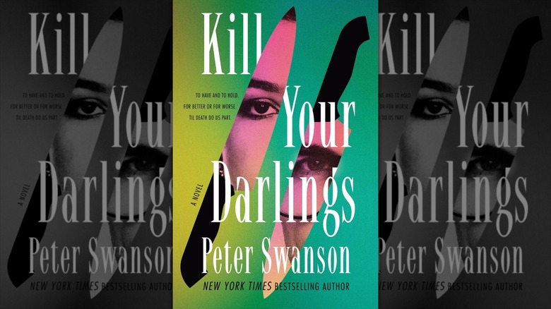 An image of the cover of Kill Your Darlings by Peter Swanson, depicting the faces of a man and a woman shown through the shapes of individual blades.