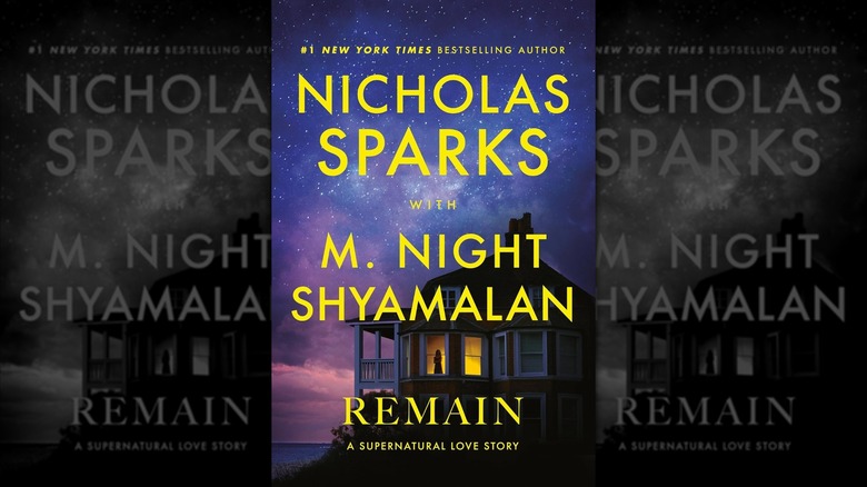 An image of the cover of Remain by Nicholas Sparks, depicting a shadow standing in the window of a beach side home.