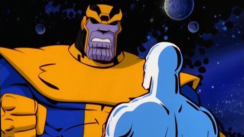 Thanos, the Mad Titan, looks down upon the Silver Surfer in the 1998 animated series.