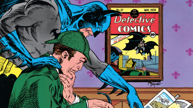 துப்பறியும் காமிக்ஸ் #572 இன் அட்டைப்படத்தில் பேட்மேன் ஷெர்லாக் ஹோம்ஸின் தோள் மீது வட்டமிடுகிறார்