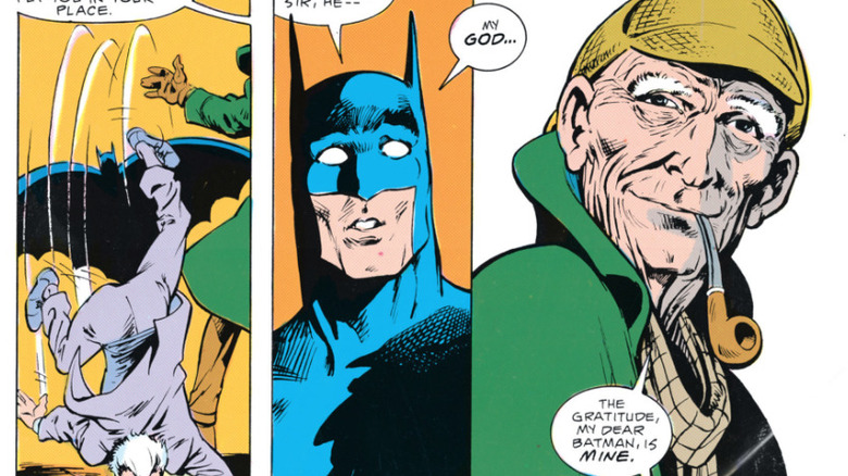 துப்பறியும் காமிக்ஸ் #572 இன் பேனலில் ஷெர்லாக் ஹோம்ஸைப் பார்த்து பேட்மேன் அதிர்ச்சியடைந்தார்