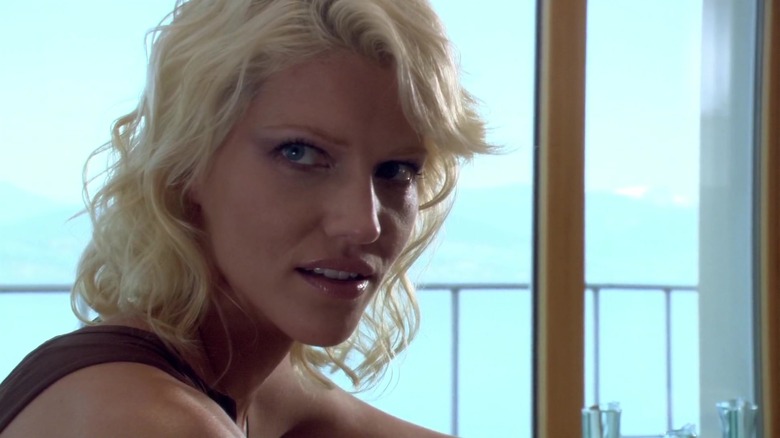 Tricia Helfer as Number Six on Battlestar Galactica, looking peeved
