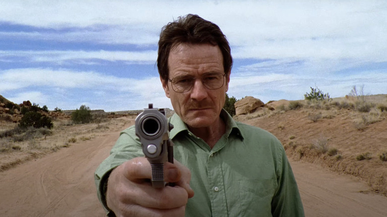 Walter White holding gun in the Breaking Bad pilot