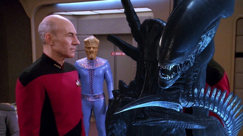 Captain Picard on the company's bridge, an extraterrestrial xenomorph published in the photo next to him