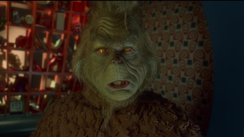 Jim Carrey's Grinch is seen in closeup in How The Grinch Stole Christmas