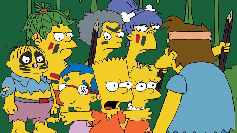 Ralph, Martin, Milhouse, Bart, Lisa, and Nelson stranded on island in The Simpsons