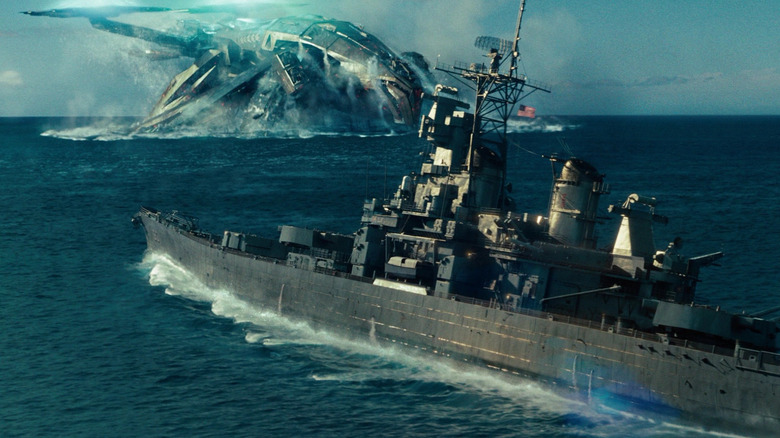 A battleship facing off against an alien spacecraft in Battleship