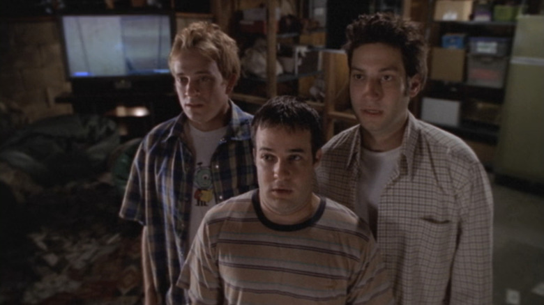 Adam Busch's Warren Mears, Danny Strong's Jonathan Levinson, and Tom Lenk's Andrew Wells stand together in Buffy the Vampire Slayer
