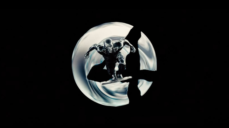 The Silver Surfer emerging out of the Fantastic Four logo in the Fantastic Four: Rise of the Silver Surfer