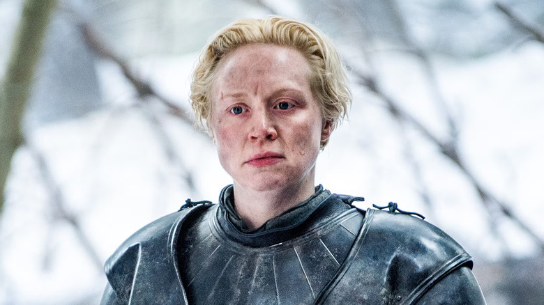 Gwendoline Christie as Brienne of Tarth wearing heavy armor on Game of Thrones