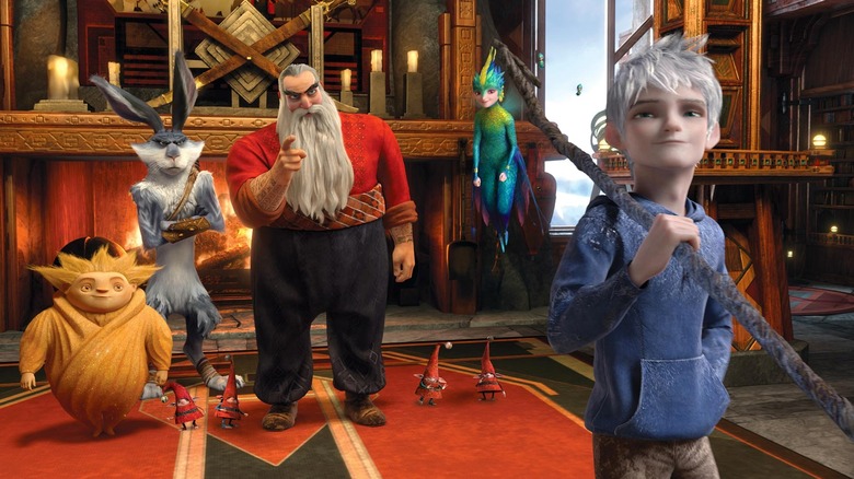 Jack Frost walking away from the Sandman, the Easter Bunny, Santa, and the Tooth Fairy in Rise of the Guardians