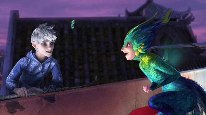 Jack Frost talking to the Tooth Fairy on a rooftop in Rise of the Guardians