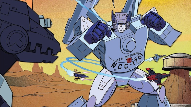 Star Trek vs. Transformers -- the Enterprise transformed into Fortress Tiberius as Decepticons jet fly around him and Trypticon looks at him