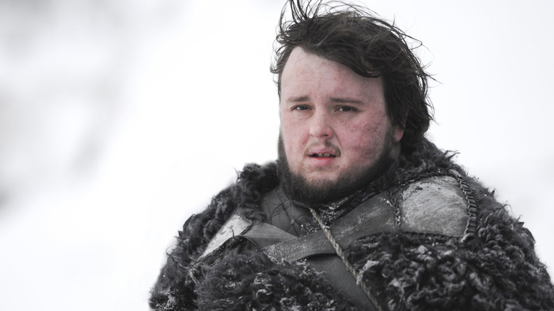 John Bradley as Samwell Tarly in the snow on Game of Thrones.