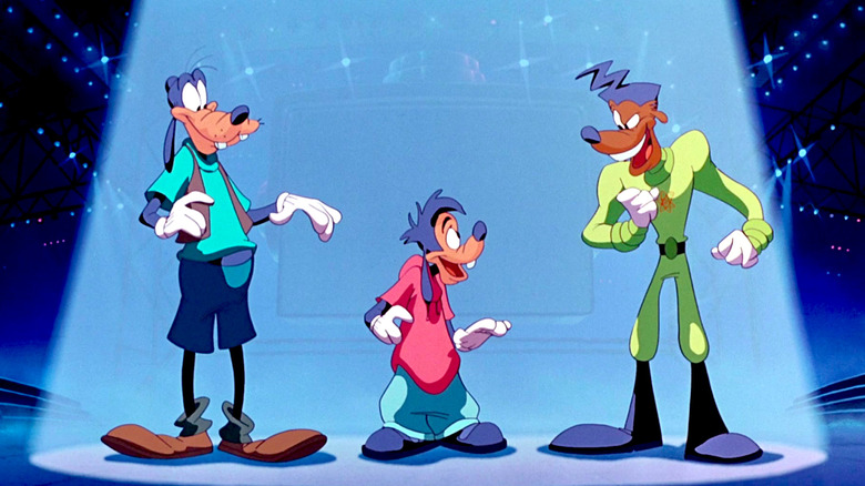 James Marsden's Max Goof, Bill Farmer's Goofy, and Tevin Campbell's Powerline perform onstage in A Goofy Movie