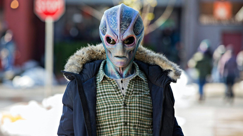 Keith Arbuthnot in full alien makeup as the alien on Resident Alien
