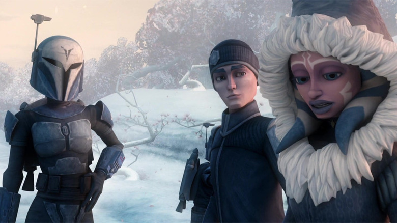 Ahsoka, Bo-Katan and Lux Bonteri on Carlac in Star Wars: The Clone Wars