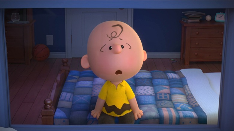 Charlie Brown looking disappointed in his bedroom in The Peanuts Movie