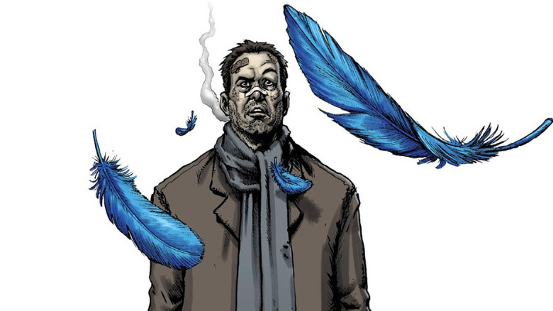 Happy! #1 cover -- Nick Sax standing in disbelief as blue feathers fall around him
