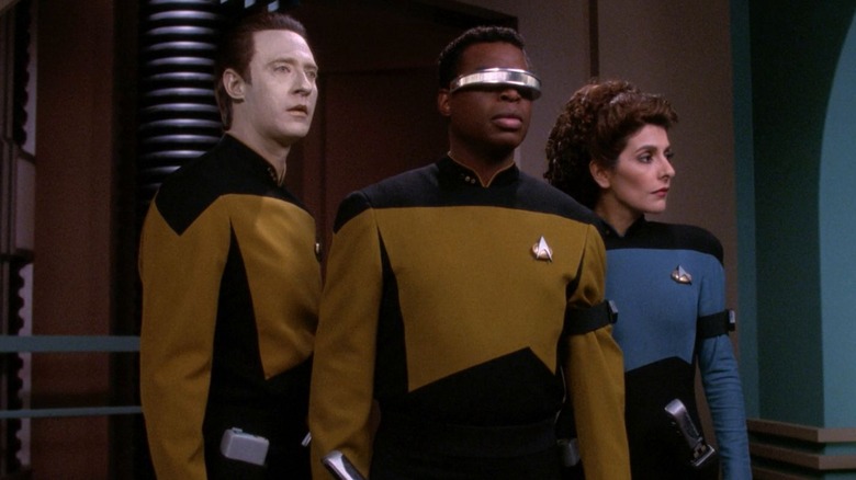 Data, Geordi, and Troi on a Romulan vessel on Star Trek: The Next Generation