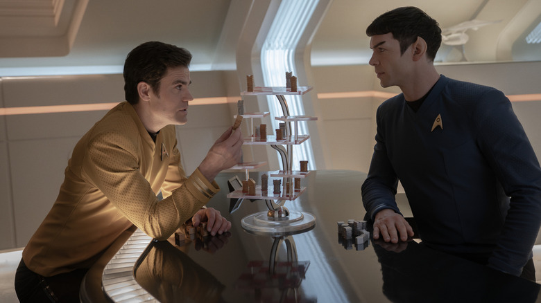 Kirk and Spock playing 3-D chess on Star Trek: Strange New Worlds