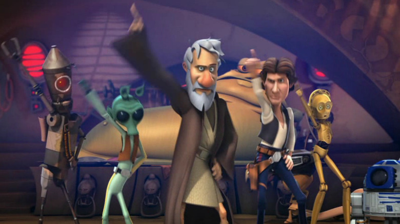 Obi-Wan dancing with Han Solo and some bounty hunters in Star Wars Detours