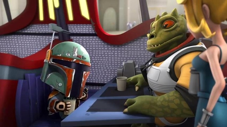 A tiny Boba Fett sitting at a cafe with Bossk in Star Wars Detours