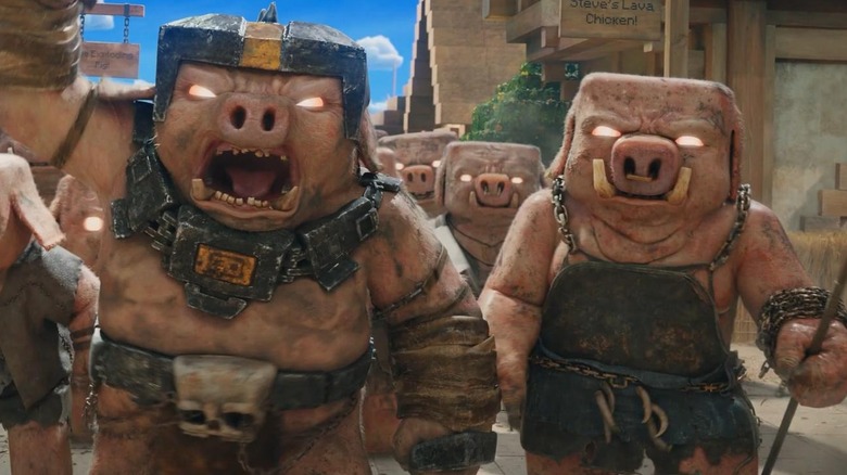 The pigs getting ready for battle in A Minecraft Movie