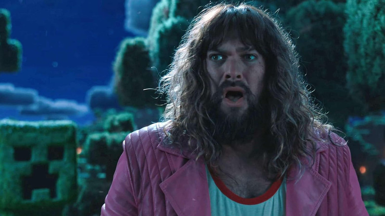 Jason Momoa as Garrett looking scared in A Minecraft Movie