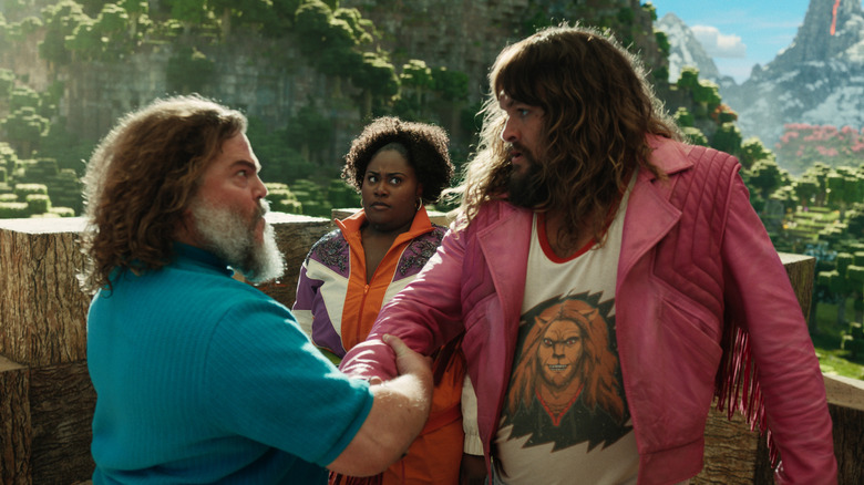 Jack Black's Steve shaking hands with Jason Momoa's Garrett in A Minecraft Movie