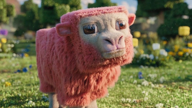 The pink sheep standing in a field in A Minecraft Movie