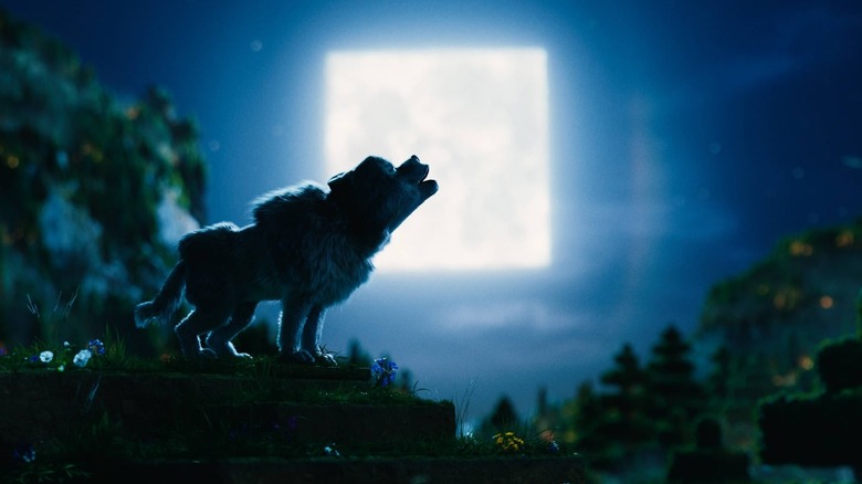 A wolf howling at the moon in A Minecraft Movie