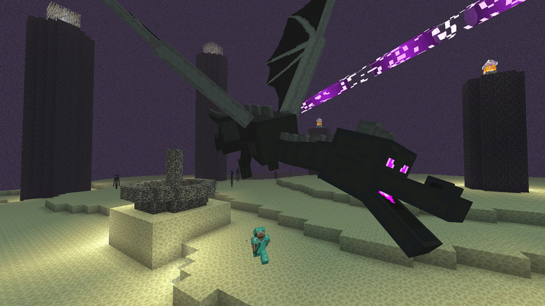 A shot of the Ender Dragon, with a player in diamond armor underneath it. Endermen approach in the background. A screenshot from Minecraft.