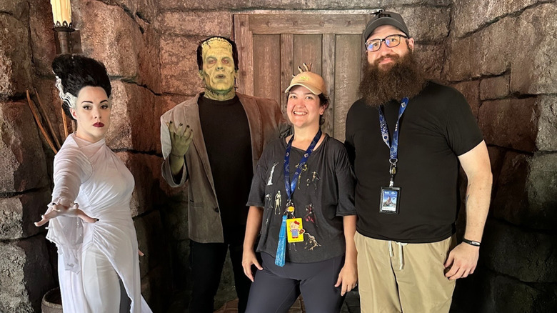 Jacob Hall and his wife with Frankenstein's Monster and the Bride at the Dark Universe