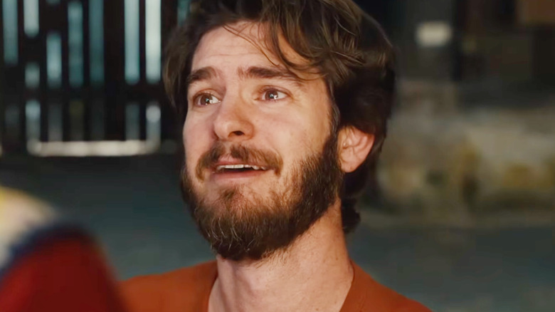 Andrew Garfield as Tim staring up with teary eyes in The Magic Faraway Tree