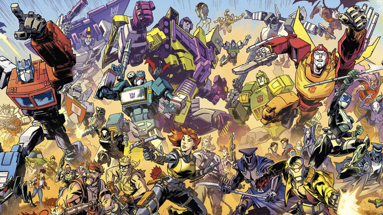 Energon Universe group banner (L-R): Ratchet, Optimus Prime, Ravage, Spike and Sparkplug Witwicky, Astrotrain, Weeljack, Cobra BAT Trooper, the Dreadnoks, Quintesson, Devastator, Soundwave, Scarlett, Reflector, Jazz, Springer, Tomax & Xamot, Proximus, Darak, Nemesis Enforcer, Hot Rod, Globulus, Pythona, Solila, and Zaliak
