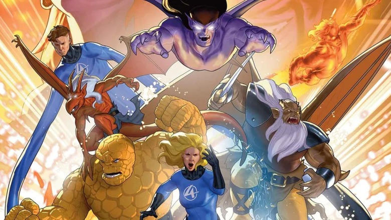 Fantastic Four/Gargoyles cover - the FF and the Manhattan Clan posed together in a group shot including Mister Fantastic, Brooklyn, The Thing, Goliath, Invisible Woman, Human Torch, and Hudson