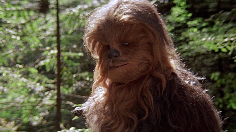 Chewbacca in a forest in Star Wars: Return of the Jedi