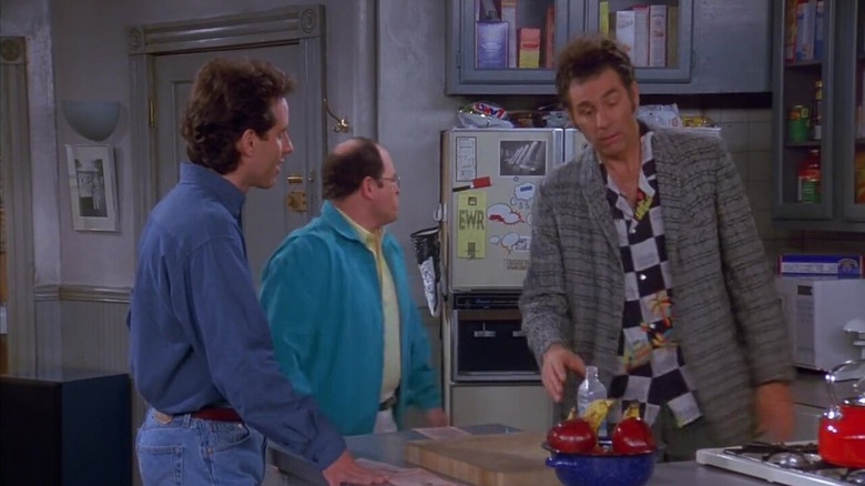 Jerry, George, and Kramer in Jerry's kitchen on Seinfeld.