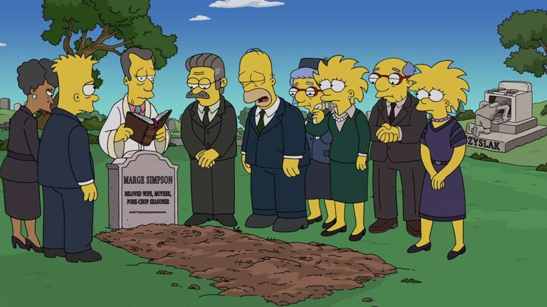 Homer is crying when the family meets at Marge's funeral at The Simpsons