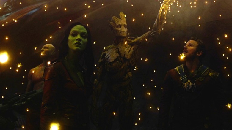 Dave Bautista, Zoe Saldana, and Chris Pratt in Guardians of the Galaxy