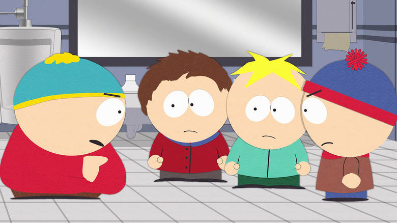 Eric Cartuman, Clyde Donovan, Potters Stock and Marsh Grush in the bathroom in South Park.