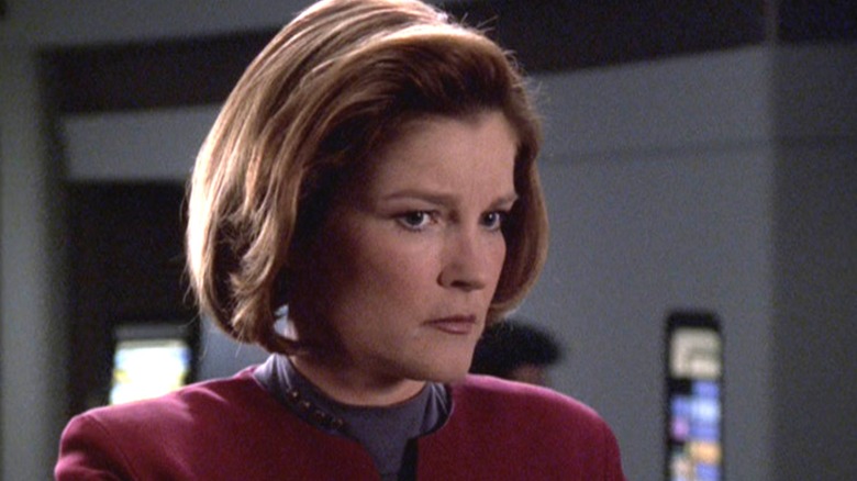 Captain Janeway looking thoughtful on Star Trek: Voyager