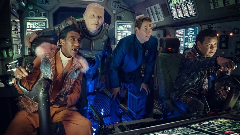 The Red Dwarf crew on Starbug from Red Dwarf