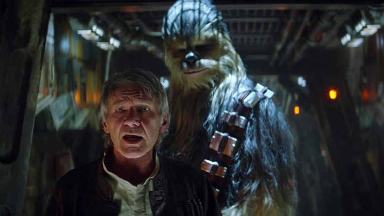 Han and Chewbacca meeting Kanjiklub in Star Wars: The Force Awakens