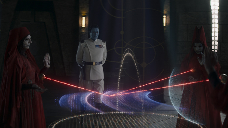 Thrawn watching the Nightsisters and a map of the galaxy in Ahsoka season 1